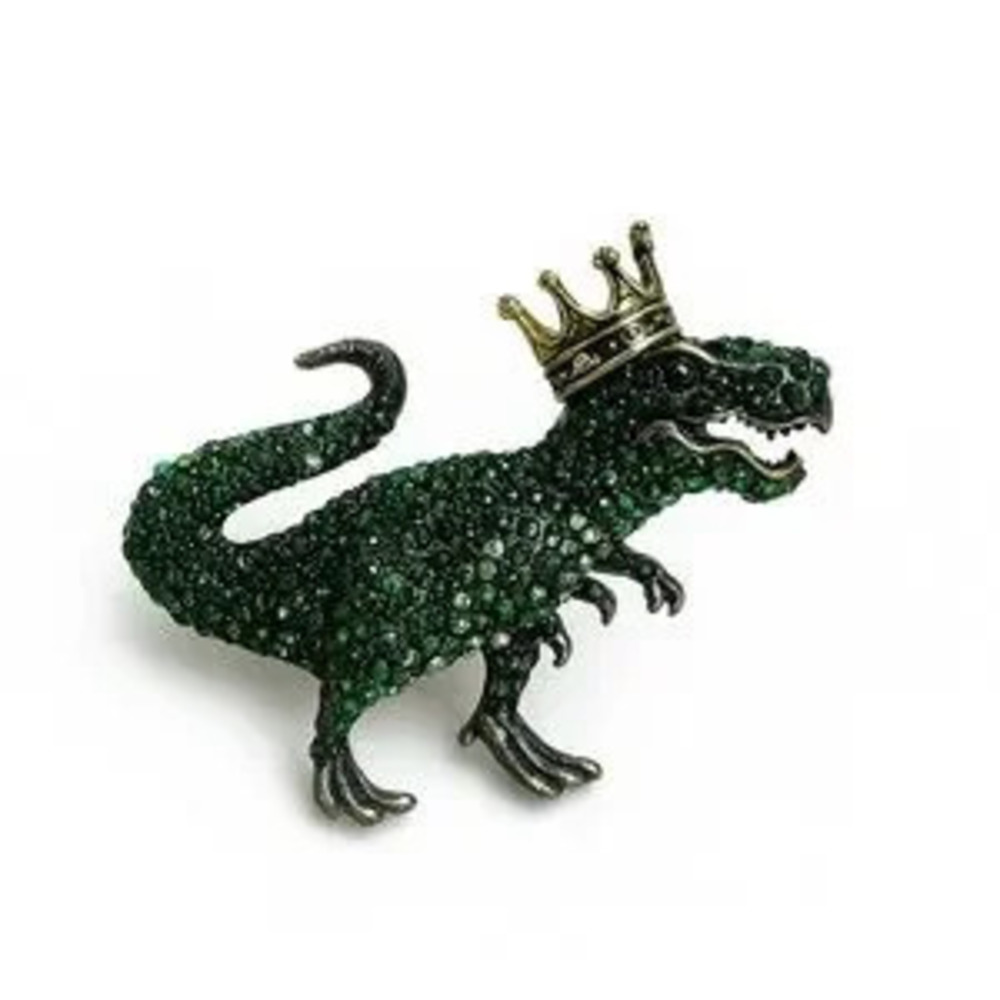 ?? Green Zirconia Dinosaur Brooch with Gold Crown ??